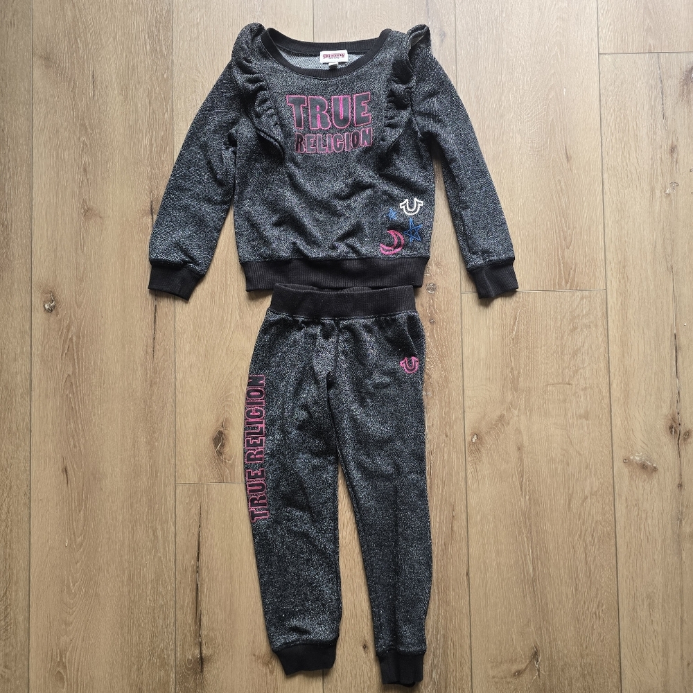 True Religion girls size 5, black Shimmery Glitter Set Joggers Ruffle Shoulder